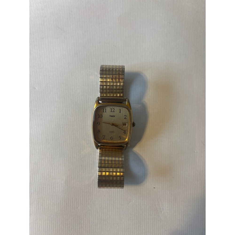 Timex Quartz Watch Mens Gold Square Case Expansion Band Date Indicator‎ Good
